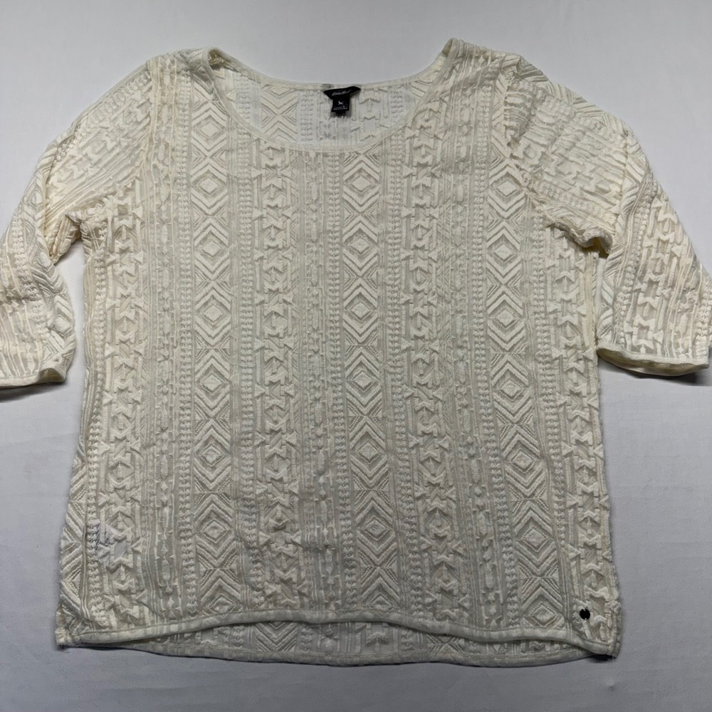 Eddie Bauer Ivory Lace Crochet Boho Top Large Sheer Embroidered 3/4 Sleeve